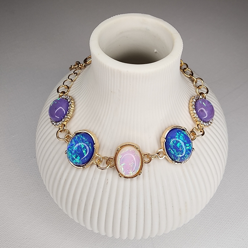 ​Dazzling Blue Fire Opal Link Bracelet w/ Purple Accent Rhinestones